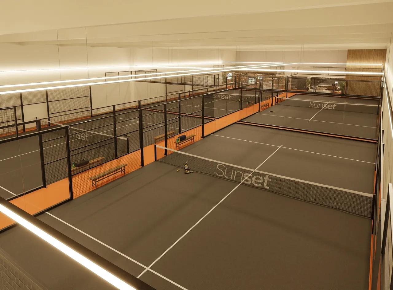 Padel facility with multiple courts and covered structures